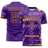 Custom Purple-Gold Abstract Geometric Stripe Fragment Sublimation Soccer Uniform Jersey
