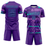 Custom Purple Aqua-Green Abstract Geometric Stripe Fragment Sublimation Soccer Uniform Jersey