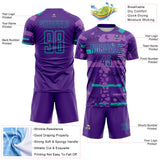 Custom Purple Aqua-Green Abstract Geometric Stripe Fragment Sublimation Soccer Uniform Jersey