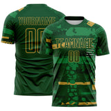 Custom Green-Old Gold Abstract Geometric Stripe Fragment Sublimation Soccer Uniform Jersey