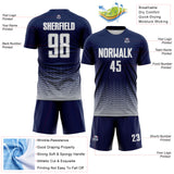 Custom Navy White-Gray Fade Wave Lines Splatter Sublimation Soccer Uniform Jersey