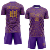 Custom Purple-Gold Abstract Wave Lines Interlocking Sublimation Soccer Uniform Jersey