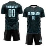 Custom Black White-Teal Abstract Wave Lines Interlocking Sublimation Soccer Uniform Jersey