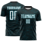 Custom Black White-Teal Abstract Wave Lines Interlocking Sublimation Soccer Uniform Jersey