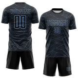 Custom Black-Light Blue Abstract Wave Lines Interlocking Sublimation Soccer Uniform Jersey