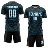 Custom Black White-Sky Blue Abstract Wave Lines Interlocking Sublimation Soccer Uniform Jersey