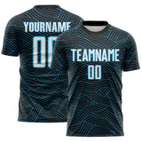 Custom Black White-Sky Blue Abstract Wave Lines Interlocking Sublimation Soccer Uniform Jersey