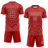 Custom Red-White Abstract Wave Lines Interlocking Sublimation Soccer Uniform Jersey