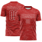 Custom Red-White Abstract Wave Lines Interlocking Sublimation Soccer Uniform Jersey