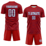 Custom Red White-Royal Abstract Wave Lines Interlocking Sublimation Soccer Uniform Jersey