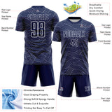 Custom Navy-White Abstract Wave Lines Interlocking Sublimation Soccer Uniform Jersey