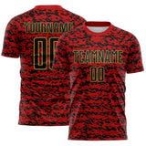 Custom Red Black-Old Gold Geometric Fragment Splatter Sublimation Soccer Uniform Jersey