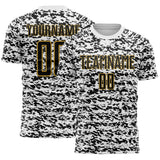 Custom White Black-Old Gold Geometric Fragment Splatter Sublimation Soccer Uniform Jersey