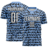 Custom Light Blue-Black Geometric Fragment Splatter Sublimation Soccer Uniform Jersey