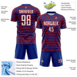 Custom Royal White-Red Geometric Fragment Splatter Sublimation Soccer Uniform Jersey