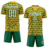 Custom Gold White-Kelly Green Geometric Fragment Splatter Sublimation Soccer Uniform Jersey