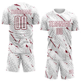 Custom White Crimson-Gray Brush Stroke Slashes And Dot Grid Sublimation Soccer Uniform Jersey