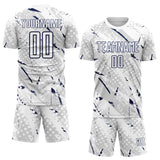 Custom White Navy-Gray Brush Stroke Slashes And Dot Grid Sublimation Soccer Uniform Jersey