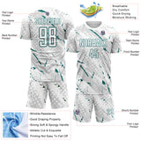 Custom White Teal-Gray Brush Stroke Slashes And Dot Grid Sublimation Soccer Uniform Jersey