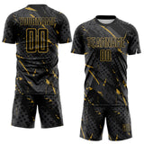 Custom Black Old Gold-Gray Brush Stroke Slashes And Dot Grid Sublimation Soccer Uniform Jersey