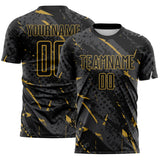 Custom Black Old Gold-Gray Brush Stroke Slashes And Dot Grid Sublimation Soccer Uniform Jersey