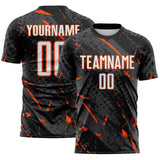 Custom Black White Orange-Gray Brush Stroke Slashes And Dot Grid Sublimation Soccer Uniform Jersey