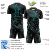 Custom Black Aqua-Gray Brush Stroke Slashes And Dot Grid Sublimation Soccer Uniform Jersey