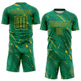 Custom Kelly Green-Gold Brush Stroke Slashes And Dot Grid Sublimation Soccer Uniform Jersey