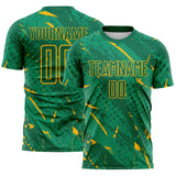 Custom Kelly Green-Gold Brush Stroke Slashes And Dot Grid Sublimation Soccer Uniform Jersey