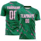Custom Kelly Green White-Pink Brush Stroke Slashes And Dot Grid Sublimation Soccer Uniform Jersey