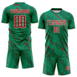Custom Kelly Green Red-White Brush Stroke Slashes And Dot Grid Sublimation Soccer Uniform Jersey