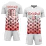 Custom White-Red Geometric Hexagonal Dot Gradient Sublimation Soccer Uniform Jersey