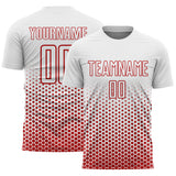 Custom White-Red Geometric Hexagonal Dot Gradient Sublimation Soccer Uniform Jersey