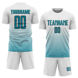 Custom White Teal-Black Geometric Hexagonal Dot Gradient Sublimation Soccer Uniform Jersey
