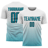 Custom White Teal-Black Geometric Hexagonal Dot Gradient Sublimation Soccer Uniform Jersey
