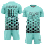 Custom Ice Blue-Black Geometric Hexagonal Dot Gradient Sublimation Soccer Uniform Jersey