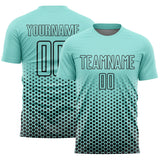 Custom Ice Blue-Black Geometric Hexagonal Dot Gradient Sublimation Soccer Uniform Jersey