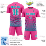 Custom Pink Teal-White Geometric Hexagonal Dot Gradient Sublimation Soccer Uniform Jersey