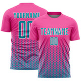 Custom Pink Teal-White Geometric Hexagonal Dot Gradient Sublimation Soccer Uniform Jersey