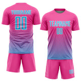 Custom Pink Sky Blue-White Geometric Hexagonal Dot Gradient Sublimation Soccer Uniform Jersey