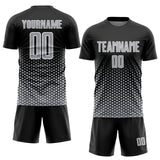 Custom Black Gray-White Geometric Hexagonal Dot Gradient Sublimation Soccer Uniform Jersey