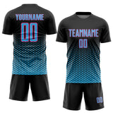 Custom Black Sky Blue-Pink Geometric Hexagonal Dot Gradient Sublimation Soccer Uniform Jersey