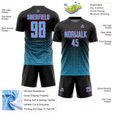 Custom Black Sky Blue-Pink Geometric Hexagonal Dot Gradient Sublimation Soccer Uniform Jersey