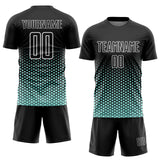 Custom Black Ice Blue-White Geometric Hexagonal Dot Gradient Sublimation Soccer Uniform Jersey