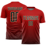Custom Red Black-Cream Geometric Hexagonal Dot Gradient Sublimation Soccer Uniform Jersey