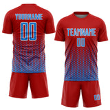 Custom Red Powder Blue-White Geometric Hexagonal Dot Gradient Sublimation Soccer Uniform Jersey