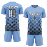 Custom Light Blue White-Black Geometric Hexagonal Dot Gradient Sublimation Soccer Uniform Jersey