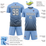 Custom Light Blue White-Black Geometric Hexagonal Dot Gradient Sublimation Soccer Uniform Jersey