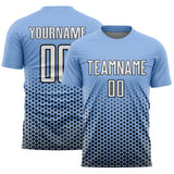 Custom Light Blue White-Black Geometric Hexagonal Dot Gradient Sublimation Soccer Uniform Jersey