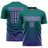 Custom Teal Purple-White Geometric Hexagonal Dot Gradient Sublimation Soccer Uniform Jersey